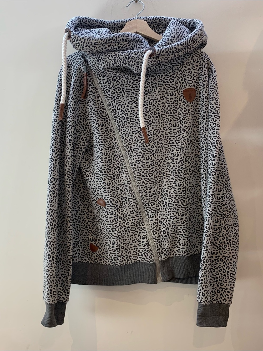Gray Leopard Print Hooded Sweatshirt with Asymmetric Zip
